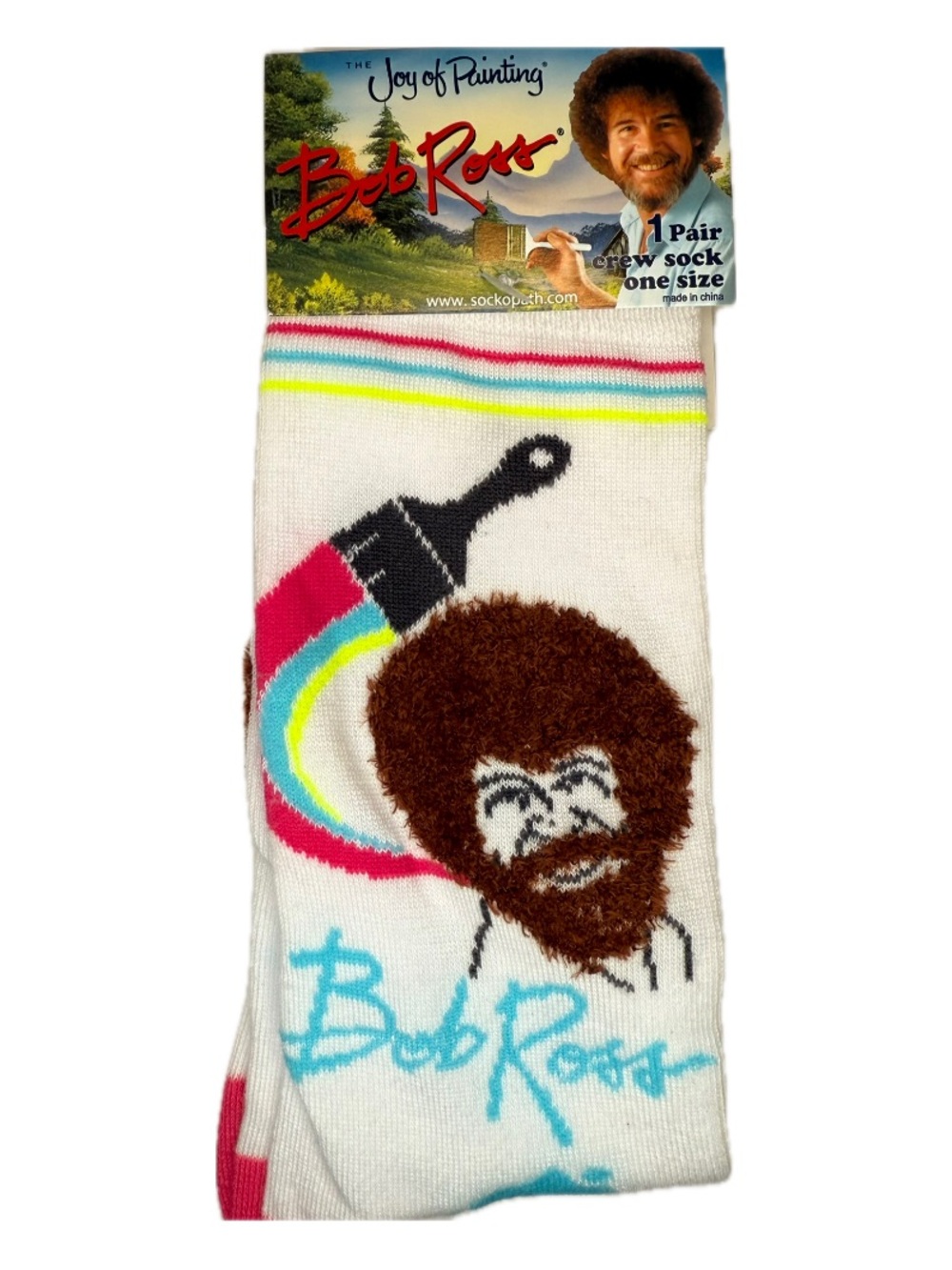 Bob Ross 3D Fuzzy Hair Crew Socks Neon White Stripe Retro Rainbow Paint NWT